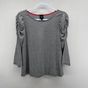 W5 Blouse Womens Large Black White Gingham Plaid 3/4 Puff‎ Sleeve Top